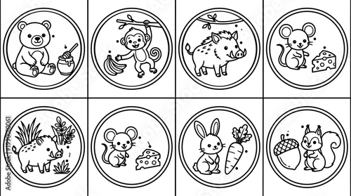 Black and white line art cute bear monkey boar mouse rabbit and squirrel with food items