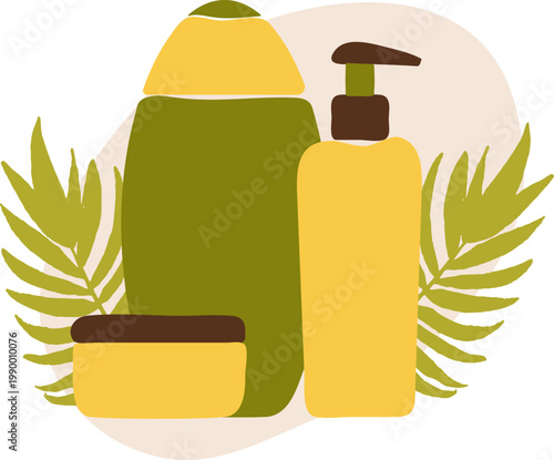 Cream Skincare Set, Flat Cosmetic Packaging Vector, Green Botanical Background