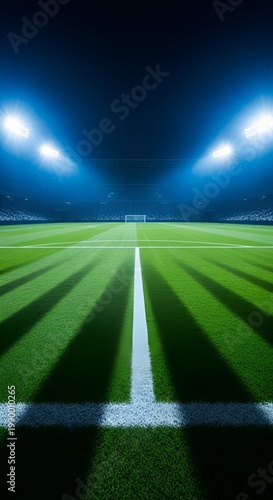 Professional soccer field at night illuminated by bright stadium lights.