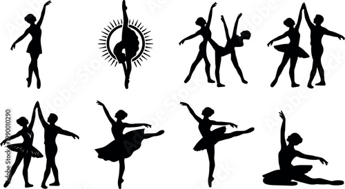 Black and white silhouette ballerina poses in ballet dance vector art