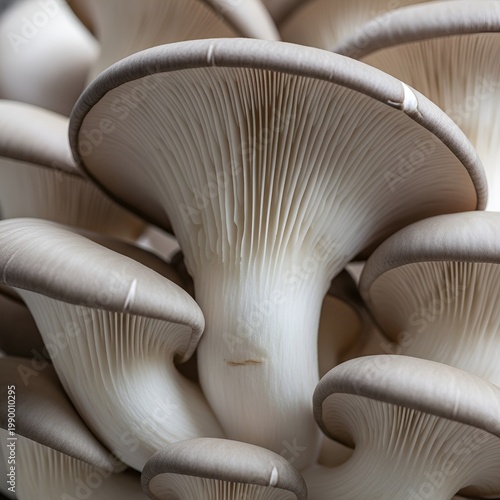 Close up of fresh grey oyster mushrooms growing in a cluster.