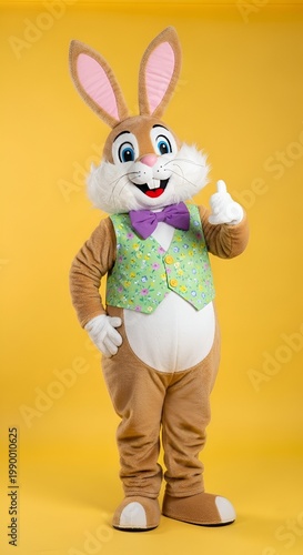 Cheerful Easter Bunny Mascot Costume Giving Thumbs Up On Bright Yellow Background.