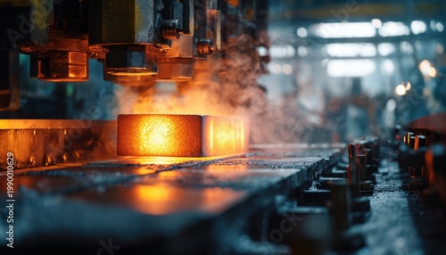 Industrial steel roller being netted during manufacturing process with heat and smoke visible