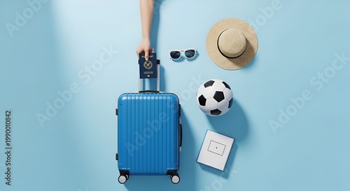 Blue suitcase with travel accessories passport hat and soccer ball on blue background.