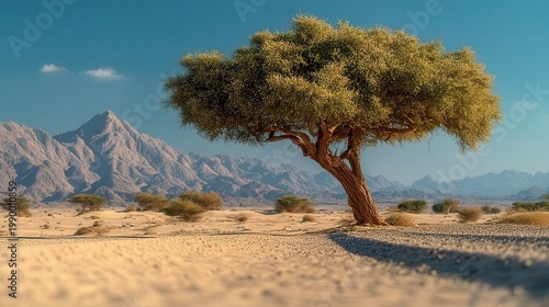 Ghaf tree standing in Ras Al Khaimah desert of UAE
