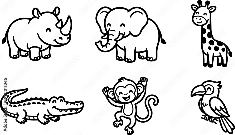 Fototapeta premium Smiling rhino elephant giraffe crocodile monkey and toucan vector illustration