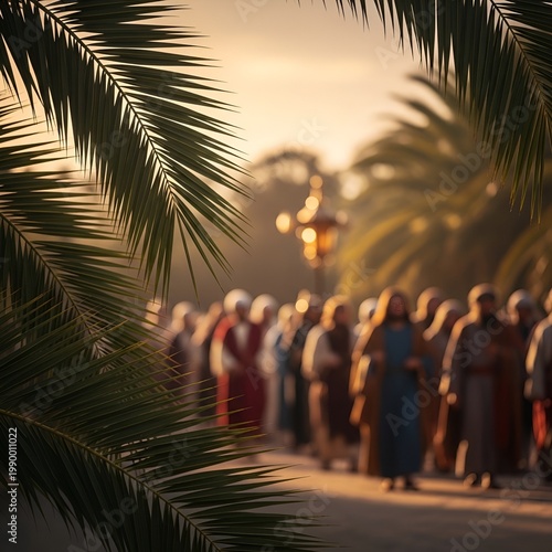 Biblical procession of people walking through palm trees at sunset.