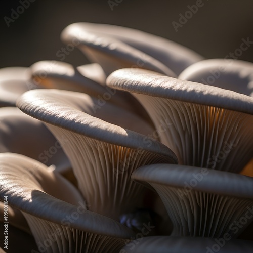 Close up view of fresh oyster mushrooms growing in a cluster.