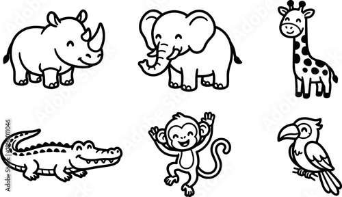 Smiling rhino elephant giraffe crocodile monkey and toucan vector illustration