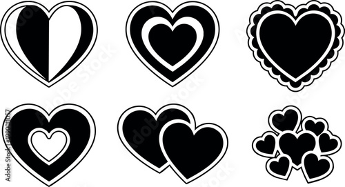 Black and white heart shapes set with scalloped and overlapping designs