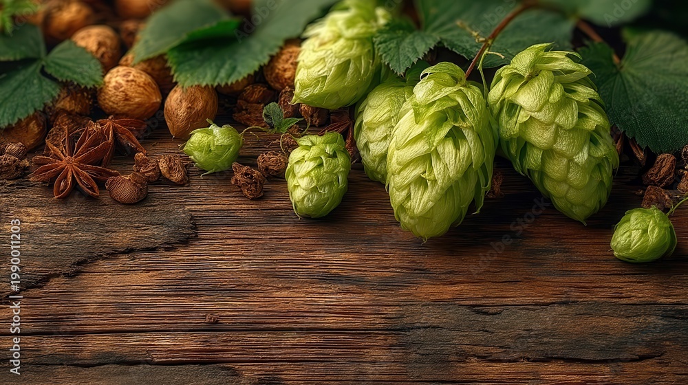 Fototapeta premium Hop twig on wooden table with beer ingredients