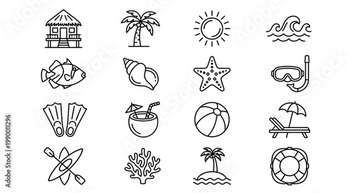 Set of black outline icons featuring tropical summer beach elements like palm trees, snorkeling gear and ocean life, ideal for travel apps, vacation websites and resort branding projects
