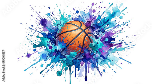 Abstract orange basketball with vibrant blue and purple watercolor splashes explosion on white background, ideal for sports event promotion, athletic apparel design and digital wallpaper background