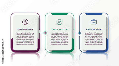 Three colorful horizontal infographic layout boxes with business icons on white background, ideal for corporate presentation, workflow management and strategic planning