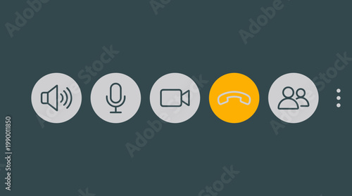 Minimalist user interface icons for video conferencing featuring microphone camera and end call buttons on dark background, ideal for virtual meeting apps, remote work and corporate webinars