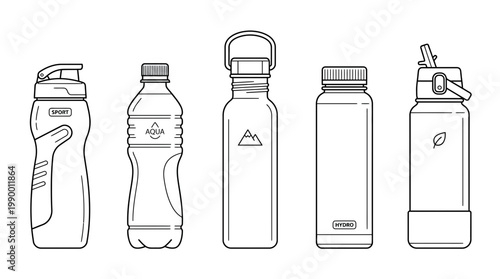 Minimalist line art icons of reusable and plastic water bottles in flat vector style, ideal for hydration awareness campaigns, eco-friendly lifestyle graphics and fitness branding materials