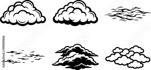 Black and white cloud line art set with stylized fog and grouped clouds