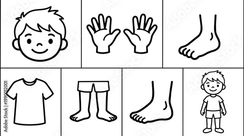 Boy hands feet shirt body parts line drawings