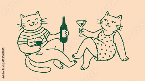 Hand drawn illustration of two cats wearing clothes and drinking wine together on a warm background, ideal for greeting cards, social media graphics and lifestyle blog content