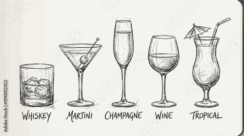 Hand-drawn sketches of whiskey, martini, champagne, wine and tropical cocktail glasses on paper texture, ideal for bar menu design, cocktail recipe illustration and restaurant branding