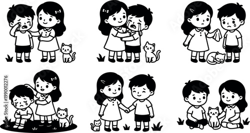 Children comforting each other with cats