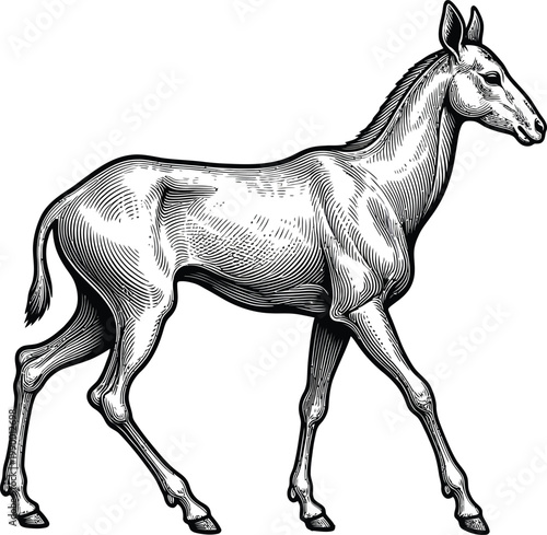 A black and white drawing of a horse