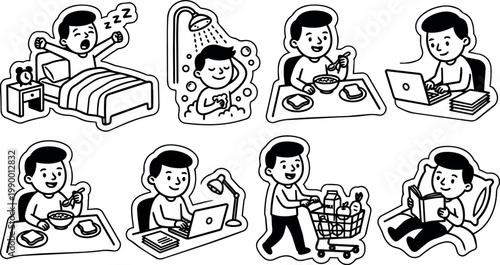 Black and white line art morning routine boy waking shower eating working shopping reading