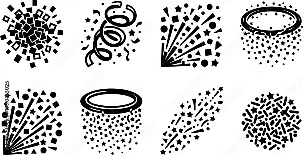 Fototapeta premium Black and white confetti and celebration elements vector art set with streamers and star shapes