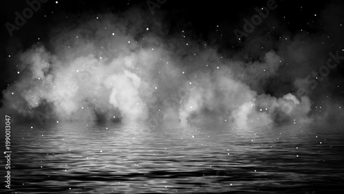 Mystery coastal fog . Smoke with particles on the shore . Reflection in water. Texture overlays background. Stock illustration. Design element.