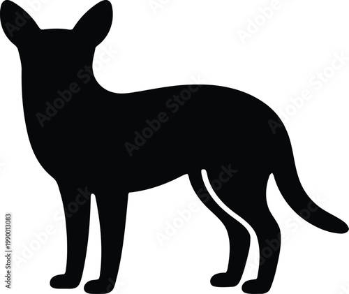A black silhouette of a dog standing on a white background