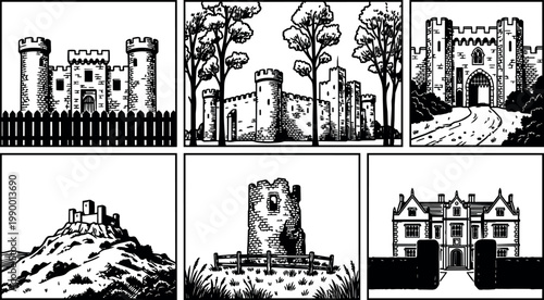 Black and white medieval castle and manor house line art illustrations with trees and fences