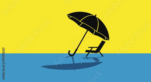 Minimalist summer vacation concept with umbrella and chair, modern graphic illustration.