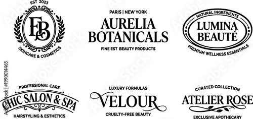 Black and white luxury beauty product logos with serif lettering and ornamental accents