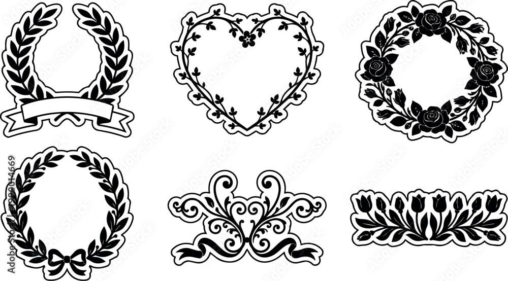 Fototapeta premium Black and white floral laurel wreaths and heart shape decorative frames