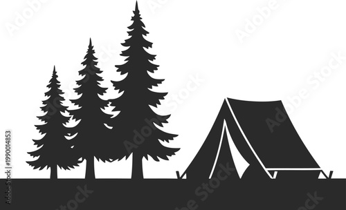 Camping silhouette landscape with tent and pine forest, minimalist outdoor adventure t-shirt design