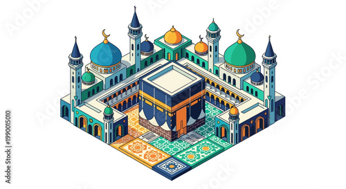 Isometric rendering of the Kaaba in Mecca, featuring minarets and archways in a colorful, symmetrical composition, set against a white background with a clean, modern, and spiritual