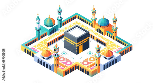 Isometric view of the Kaaba surrounded by a colorful mosque complex with minarets and domes, depicted in a clean, flat vector style against a bright white background, conveying a sense