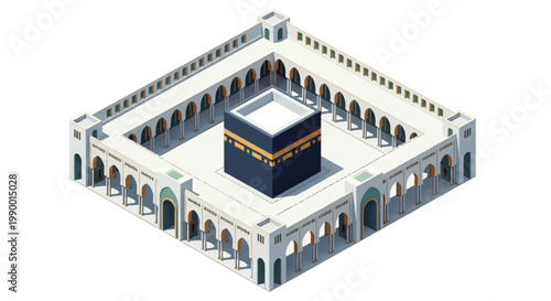 Isometric perspective of the Kaaba in Mecca, a central cube structure draped in black cloth, surrounded by a white colonnade on a square platform, conveying a sense of reverence