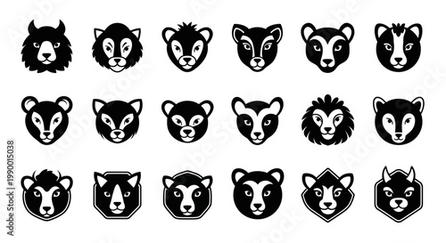 Collection of various animal head logos in black and white, featuring different species with distinct facial features and expressions.