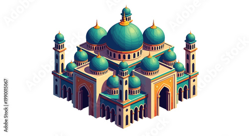 Isometric view of a stylized mosque with teal domes and tan walls, featuring multiple minarets and intricate architectural details against a clean white backdrop, creating a peaceful