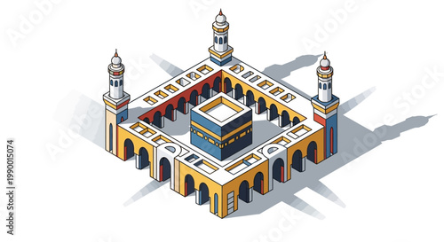 Isometric view of the Kaaba in Mecca, surrounded by an arcade with four minarets, presented as a clean, stylized vector illustration with a limited color palette against a bright white