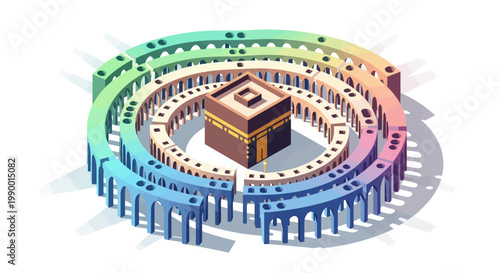 Isometric view of the Kaaba surrounded by circular archways rendered in vibrant rainbow colors on a white background, creating a stylized spiritual illustration with a clean, modern