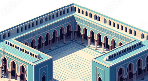 Isometric view of an Islamic architecture courtyard featuring arches and pillars arranged around a central open space, rendered in a low-poly style with teal and beige tones, evokes