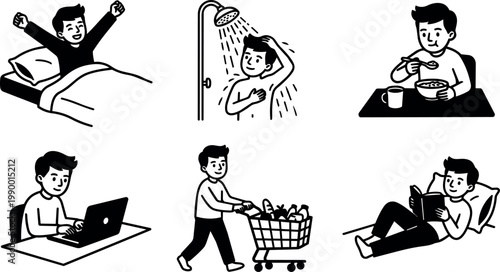 Boy waking shower eating working shopping and reading