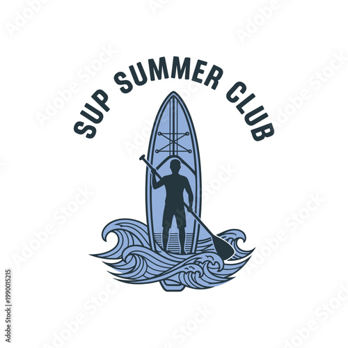 SUP summer club paddleboard logo with surfboard and ocean waves, nautical badge t-shirt design