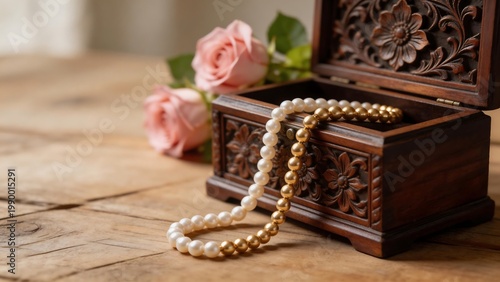 Pearl necklace in wooden box with roses