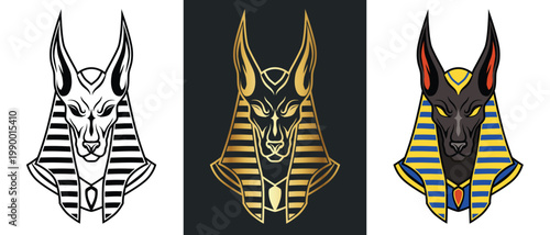 Flat vector illustration of Anubis, the ancient Egyptian god of the dead, depicted as a black jackal with yellow eyes and a gold-blue pharaoh headdress. The design features clean lines, bold colors, a