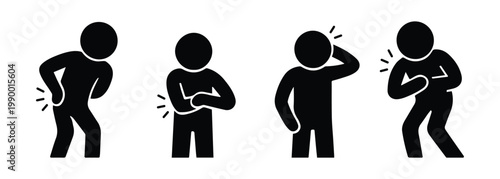 Vector set of stick figures scratching themselves due to itching. Simple black silhouettes for allergy symptoms, skin irritation, rash, insect bites, eczema, dermatology concepts, and discomfort. 