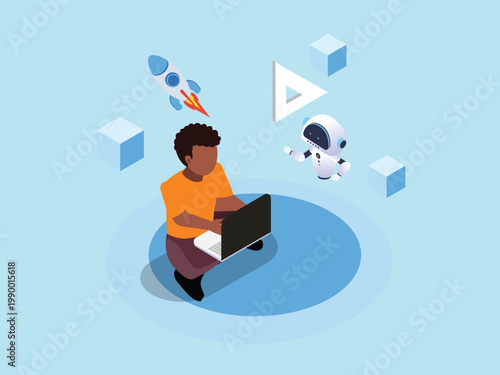 Boy Learning with Laptop and AI Robot Assistant in Virtual Education Space 3d isometric vector illustration