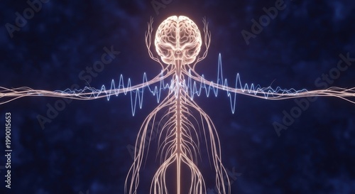 Human body with glowing nervous system and brain activity